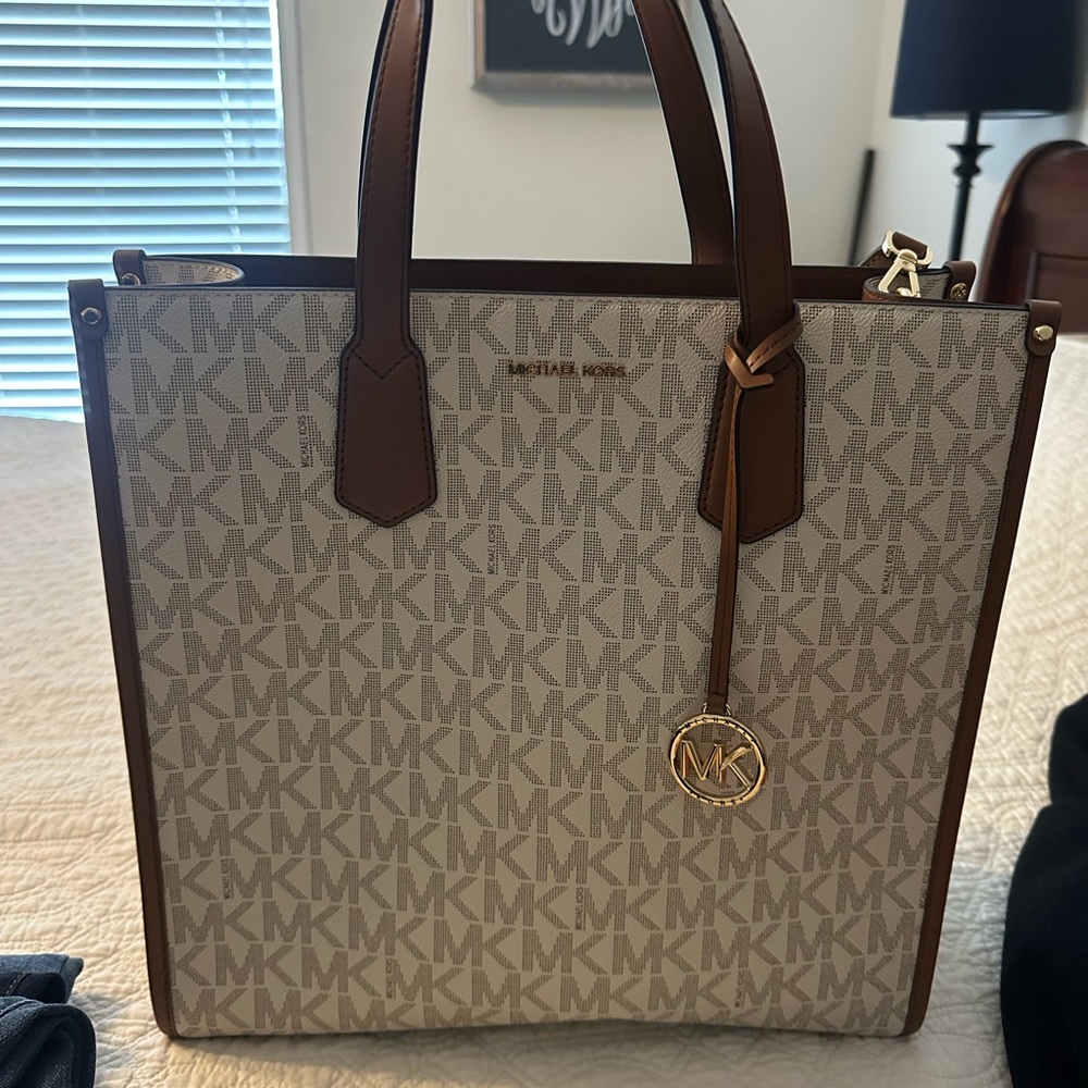 Michael Kors Cream and Brown Tote Bag with Monogram Pattern and Structured Shape